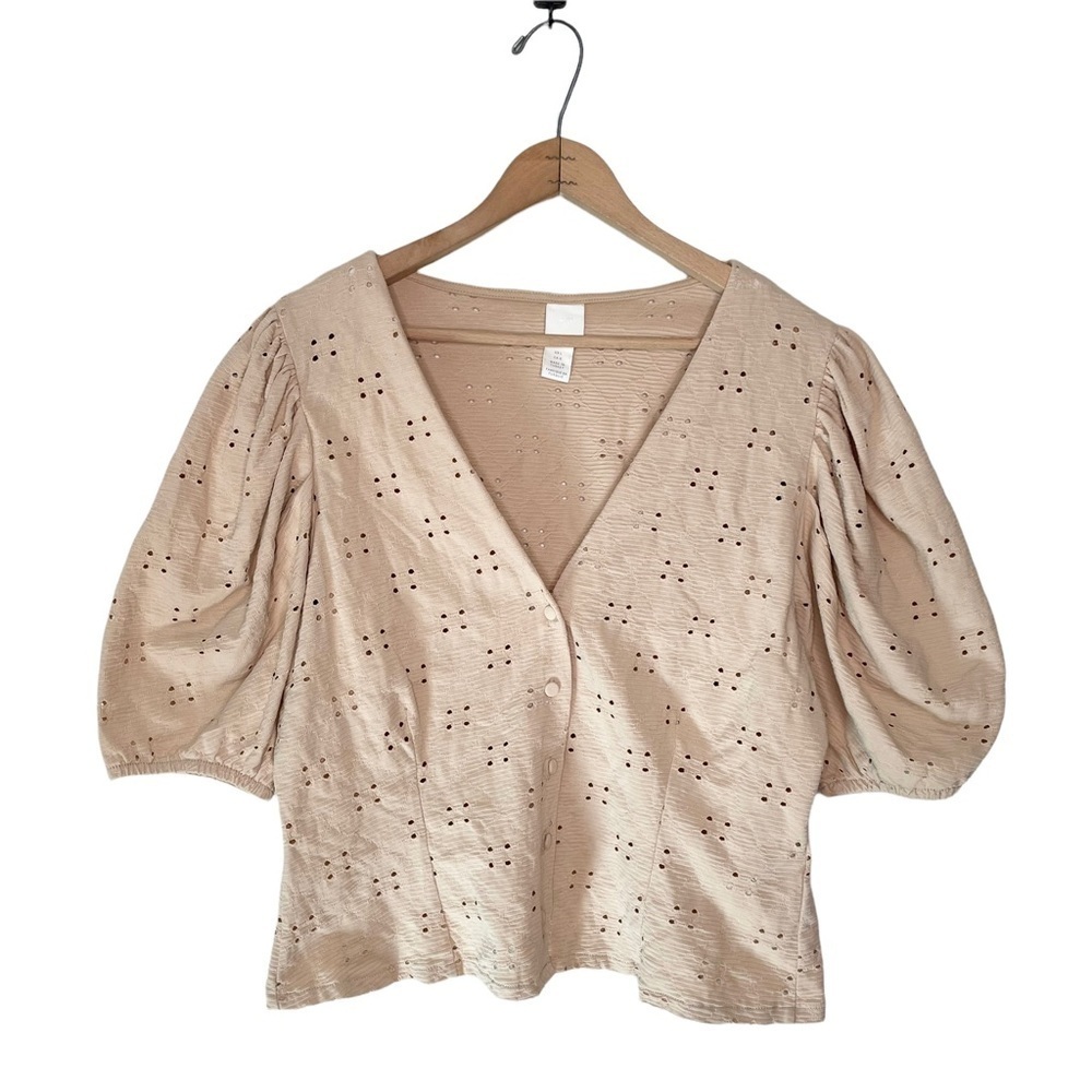 H&M | Puff Sleeve V-neck Top Light Beige